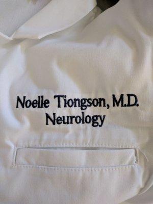 Lab coat embroidery, Goudy font (serif) in Navy Blue. $12.