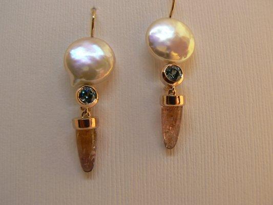 Coin pearl, blue zircon and imperial topaz earrings in rose gold