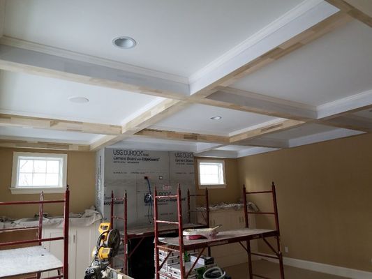 prepping coffered ceiling and walls.