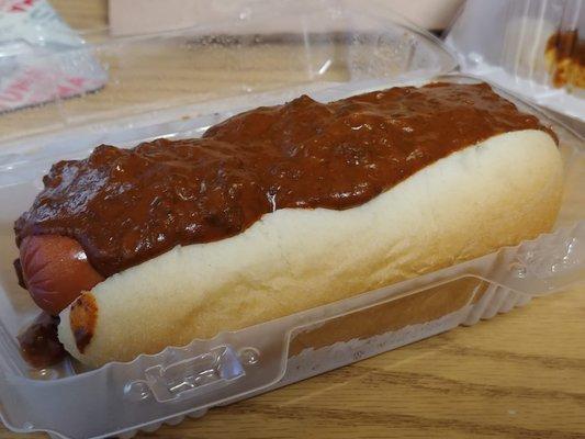 Hot dog with chili.