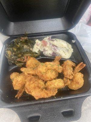 Fried shrimp, mashed potato, collard greens