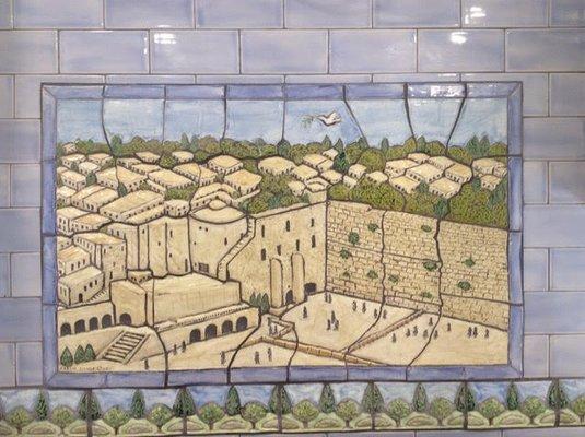 Custom tile backsplash featuring a view of Jerusalem for a client in Lower Merion Township.