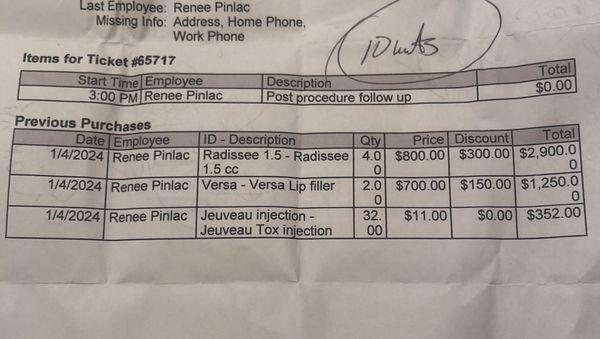 I was also charged for lip filler. I did not receive any lip filler by Renee Pinlac NP yet she charged me $1250.00 for this service.