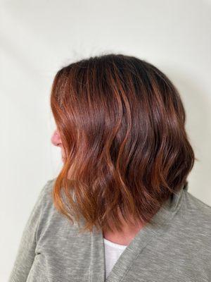 Copper Dimensional Lob, layered angled  haircut