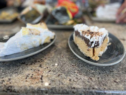 Lemon meringue on the left peanut butter cup pie