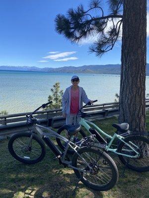 Beautiful wife of 40 years and a couple of the Electric Bikes!  Awesome day with Lake Tahoe in the background!