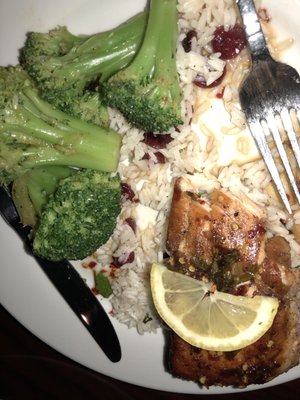 Blackened salmon, mint rice, steamed broccoli crowns.