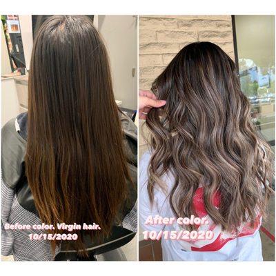 Before & After. Balayage with hairline detailing on virgin hair in one session.