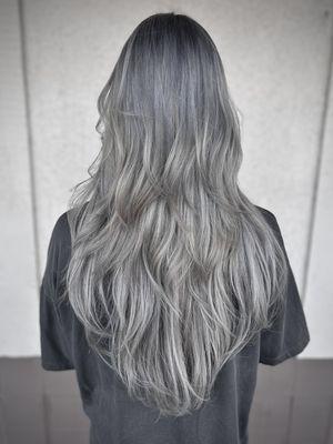 Balayage ash gray long layer cut