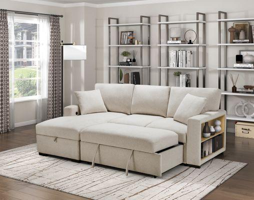 Sectional with Left Chaise, Pull-out Bed and Hidden Storage, Charging Ports.
A great casual look. 888.  Bedroom Express, San Bruno.