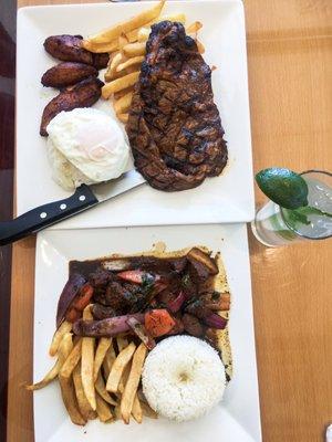 Bistek a lo pobre (top) and lomo saltado (bottom)