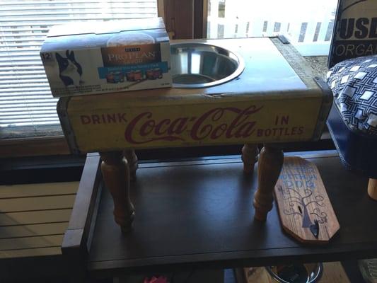 Sweet custom dog bowl made from an old wooden Coca Cola box.