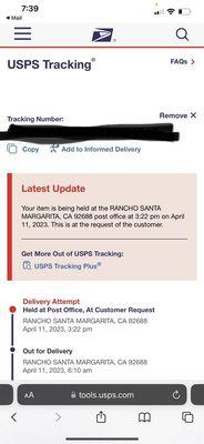 Package was not at post office as stated both times I went to p/u.