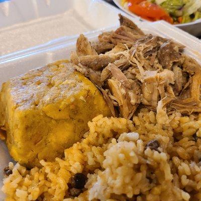 The Mofongo, pernel, arroz con gandules, and salad.