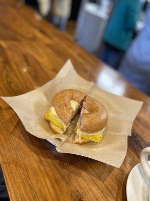 Bagel ham egg and provolone