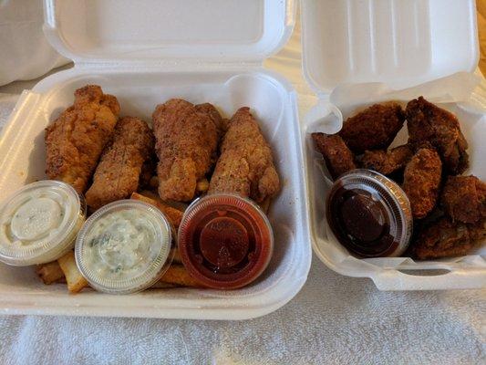 Wings with honey bbq sauce and perch dinner