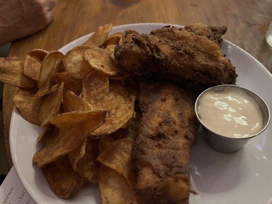 Burned fish and not burned chips.  Picture doesn't show the real burn but you get the idea