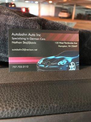 Nathan's business card for Autobahn Auto