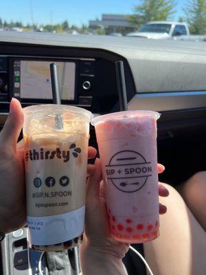 Milk tea with tapioca boba on the left Frozen strawberry tea with watermelon popping boba