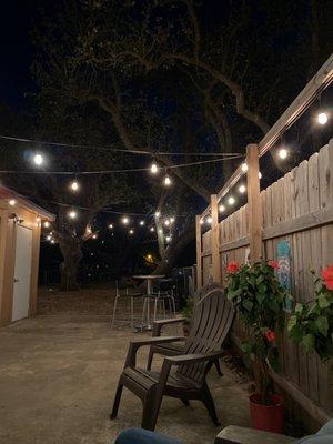 Outdoor seating area plus picnic tables.