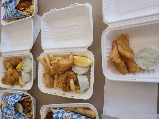 Closer look at fish and chips and fish tacos.