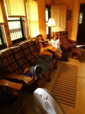 Nap in the living room of the big cabin after a hard day of fishing...or drinking....whatever.