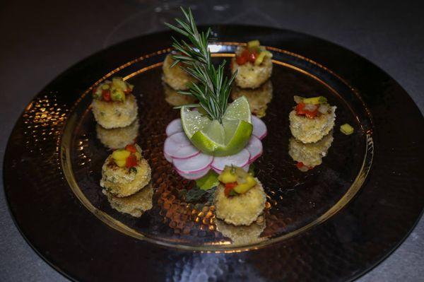 Mini lump crab cakes with mango salsa