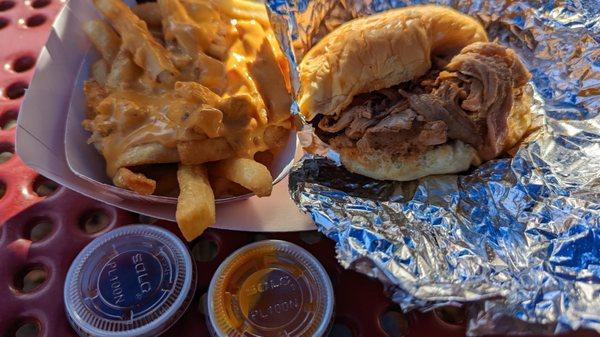 Queso fries and pulled pork sandwich