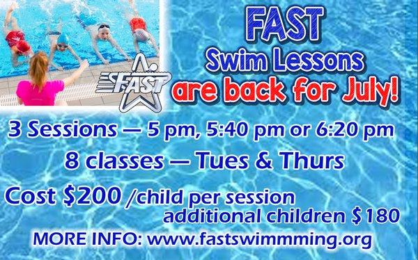 FAST Swim Lessons : Age 4 and over, from  beginner to advanced.