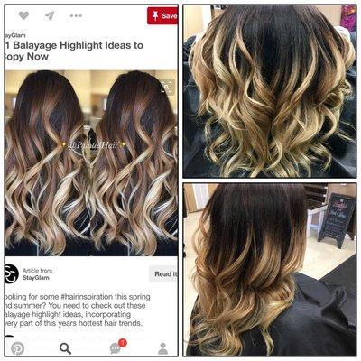 Inspirational photo to left and results (second time balayage) to the right. Hair by Vicky Nguyen