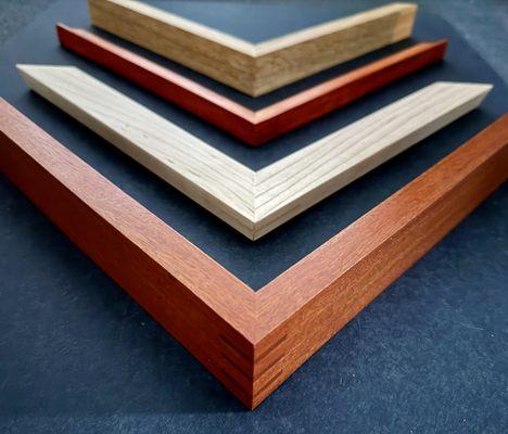 Finish corner hard wood frames. Mahogany, Maple and Oak.