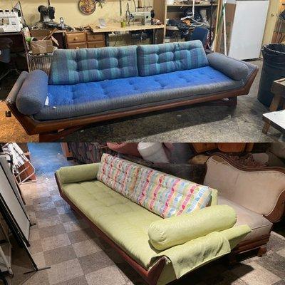 Before and after photo of a Adrian Pearsell sofa.