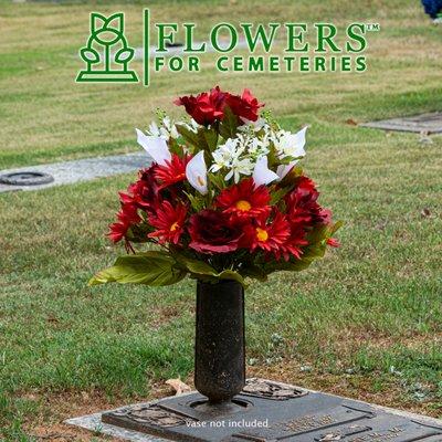 Cinnamon Red Daisy and White Calla Lily Cemetery Bouquet.