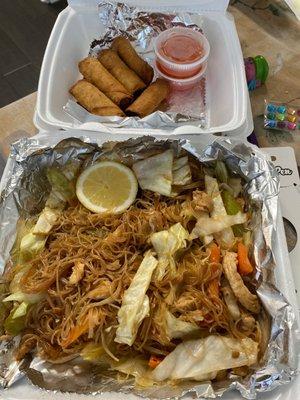 (Half eaten) chicken pancit and lumpia!