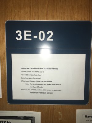 If you're coming to work with a VA Rep for benefits and compensation, here are the details. It's on the 3rd floor.