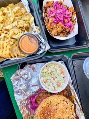 French fries, cauliflower and Jerk Chicken