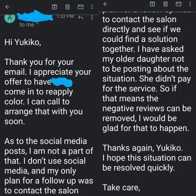 Communication between salon owner and paying customer.