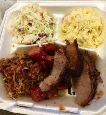 Pulled pork, brisket, hot sausage, potato salad & coleslaw (3 meat plate comes w/2 sides)