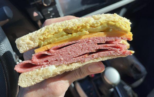 "Sweet bologna" with Colby, pickles, mayo and mustard on oatmeal bread. Excellent!