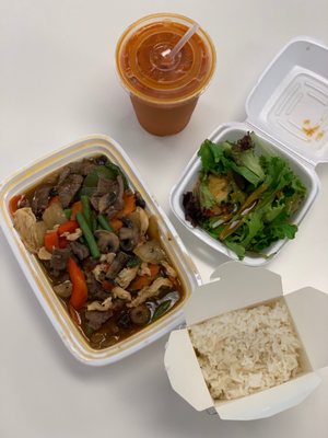 Thai Basil (~$14) with chicken + extra beef (~$3) (includes white rice + salad) & Thai Iced Tea (~$4).