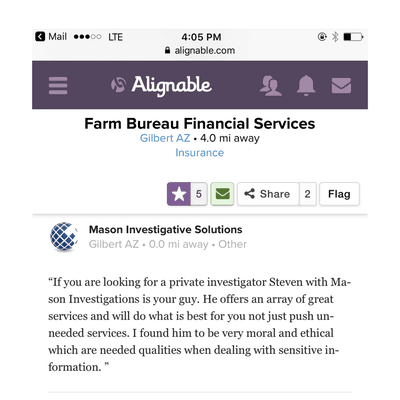 Farm Bureau Financial Services in Gilbert, AZ recommends Mason Investigative Solutions to their clients on Alignable.