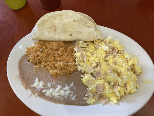 Eggs with Ham, Rice, Beans, and Flour Tortillas