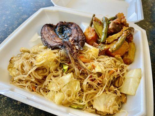 Pancit (instead of rice) with 2 sides (pinakbet & fried bangus)