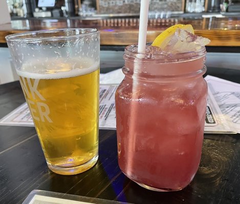 On left Jack's Abby House Lager & on the right a mocktail - Blueberry (I cannot remember the other flavor lemonade.