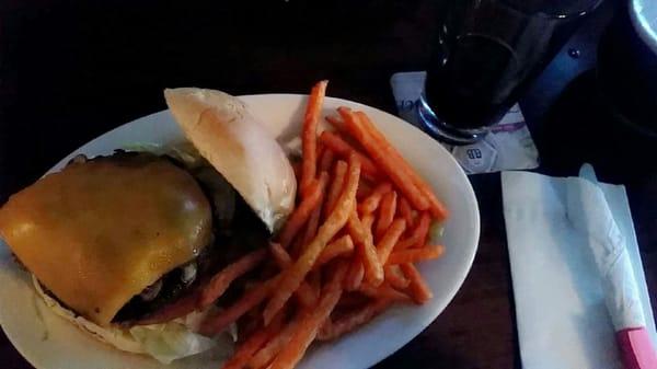 Yum- mushroom burger with cheddar, side of sweet potato fries.