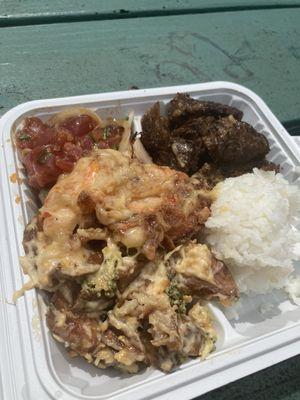 Mounds of ono food from "Da Hub"-- poke,adobo style steak,fried shrimp,roasted potato salad & scoop rice! Loved dis!!!