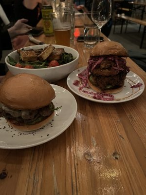 Double smash burger, spicy fried chicken sando, and rice bowl w sesame tofu