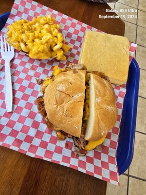 Brisket and Cheddar, cornbread, and Mac n cheese