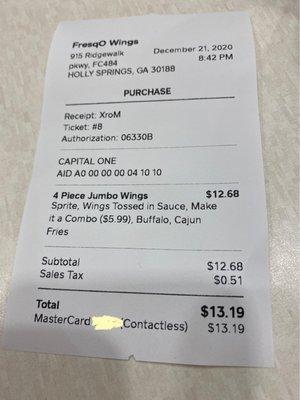 Insane price for a 4pc wings combo