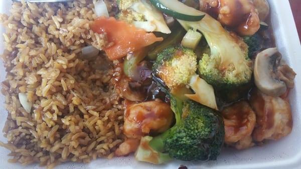 Hot spicy garlic broccoli and shrimp and chicken with fried rice